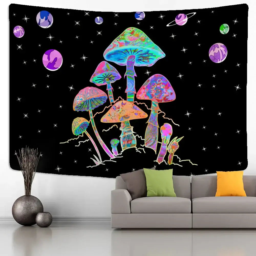 Psychedelic rainbow cartoon planet mushroom tapestry bedroom wall art