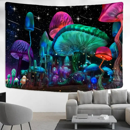 Psychedelic rainbow cartoon planet mushroom tapestry bedroom wall art