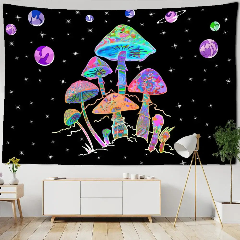 Psychedelic rainbow cartoon planet mushroom tapestry bedroom wall art