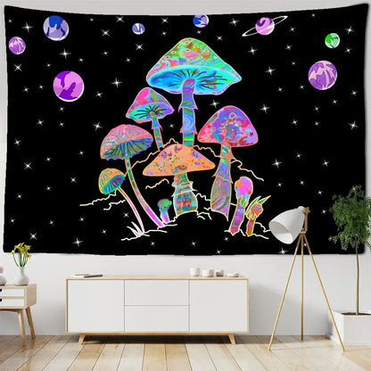 Psychedelic rainbow cartoon planet mushroom tapestry bedroom wall art