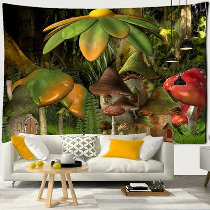 Psychedelic rainbow cartoon planet mushroom tapestry bedroom wall art