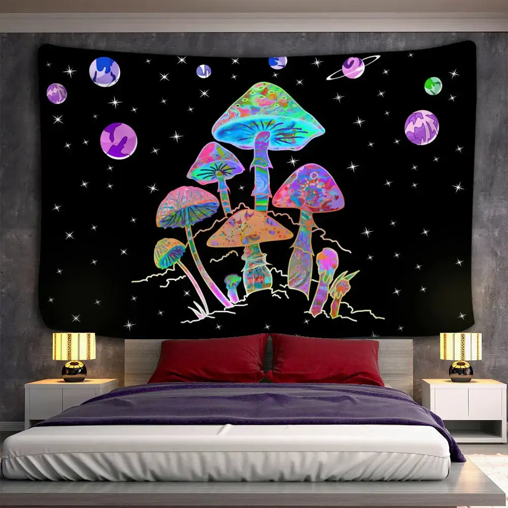Psychedelic rainbow cartoon planet mushroom tapestry bedroom wall art