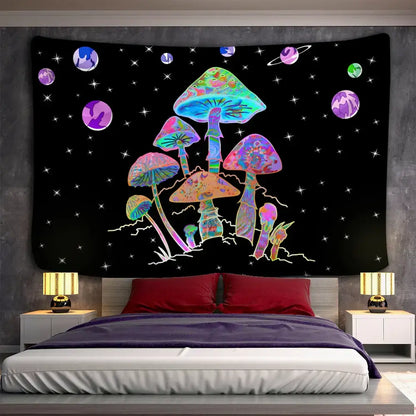 Psychedelic rainbow cartoon planet mushroom tapestry bedroom wall art