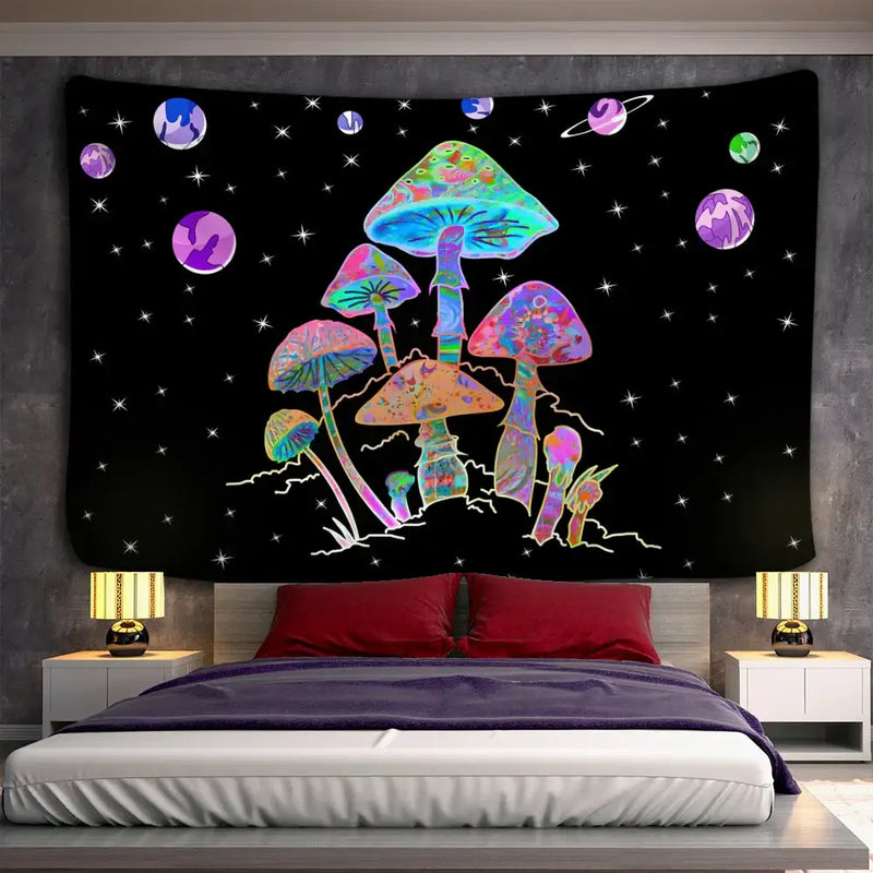 Psychedelic rainbow cartoon planet mushroom tapestry bedroom wall art