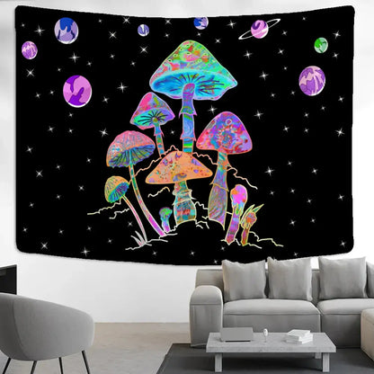 Psychedelic rainbow cartoon planet mushroom tapestry bedroom wall art