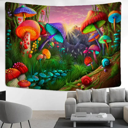 Psychedelic rainbow cartoon planet mushroom tapestry bedroom wall art