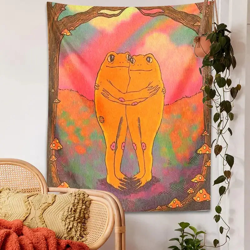 Psychedelic rainbow cottagecore frog mandala tapestry bedroom decor