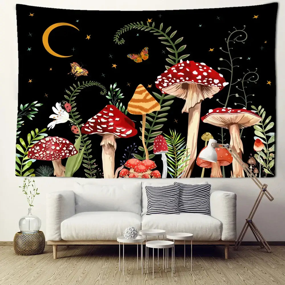 Psychedelic red & orange butterfly mushroom tapestry – bedroom decor
