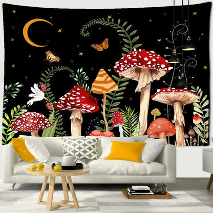 Psychedelic red & orange butterfly mushroom tapestry – bedroom decor