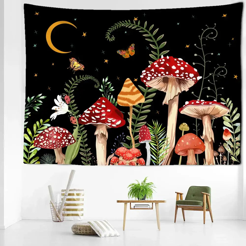 Psychedelic red & orange butterfly mushroom tapestry – bedroom decor