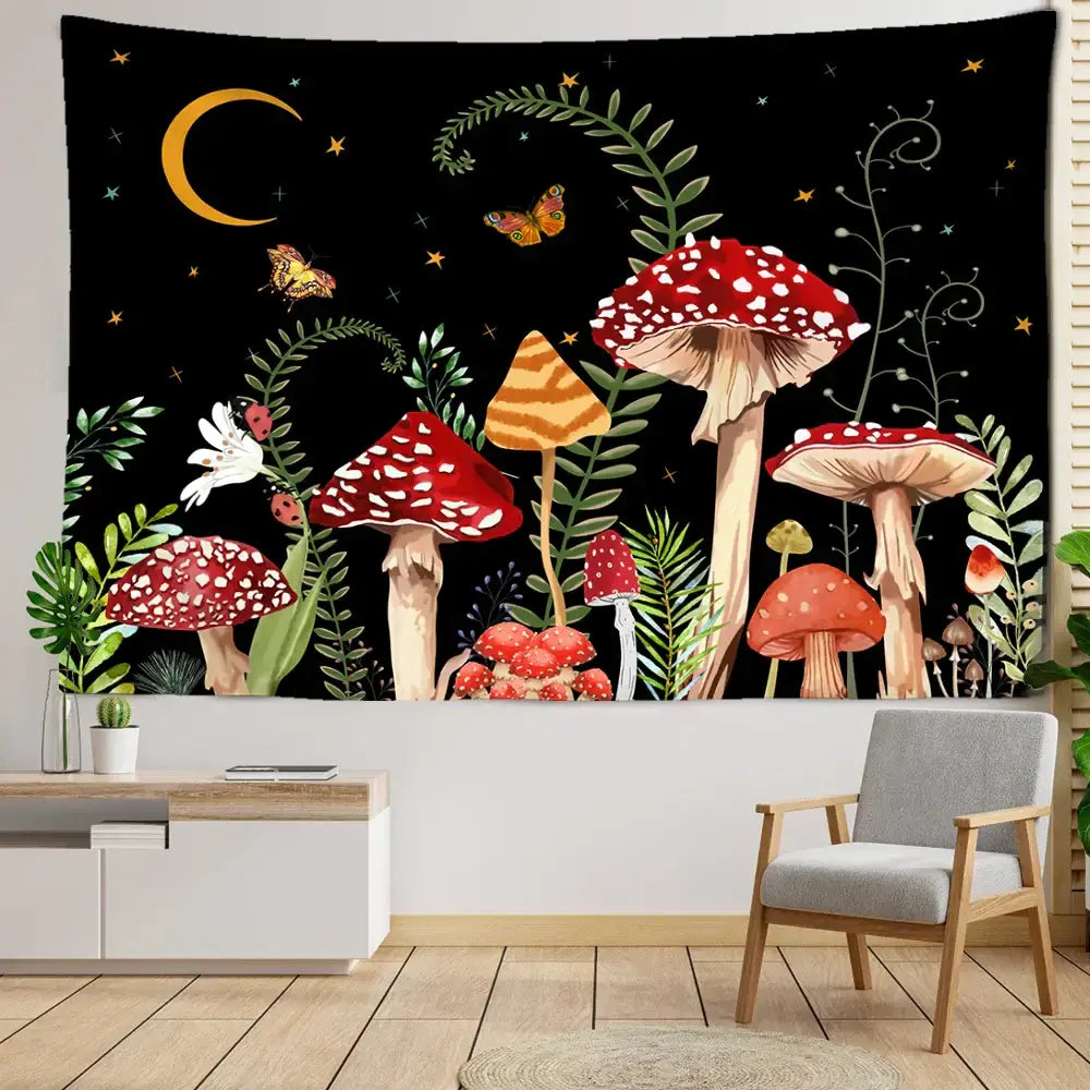Psychedelic red & orange butterfly mushroom tapestry – bedroom decor
