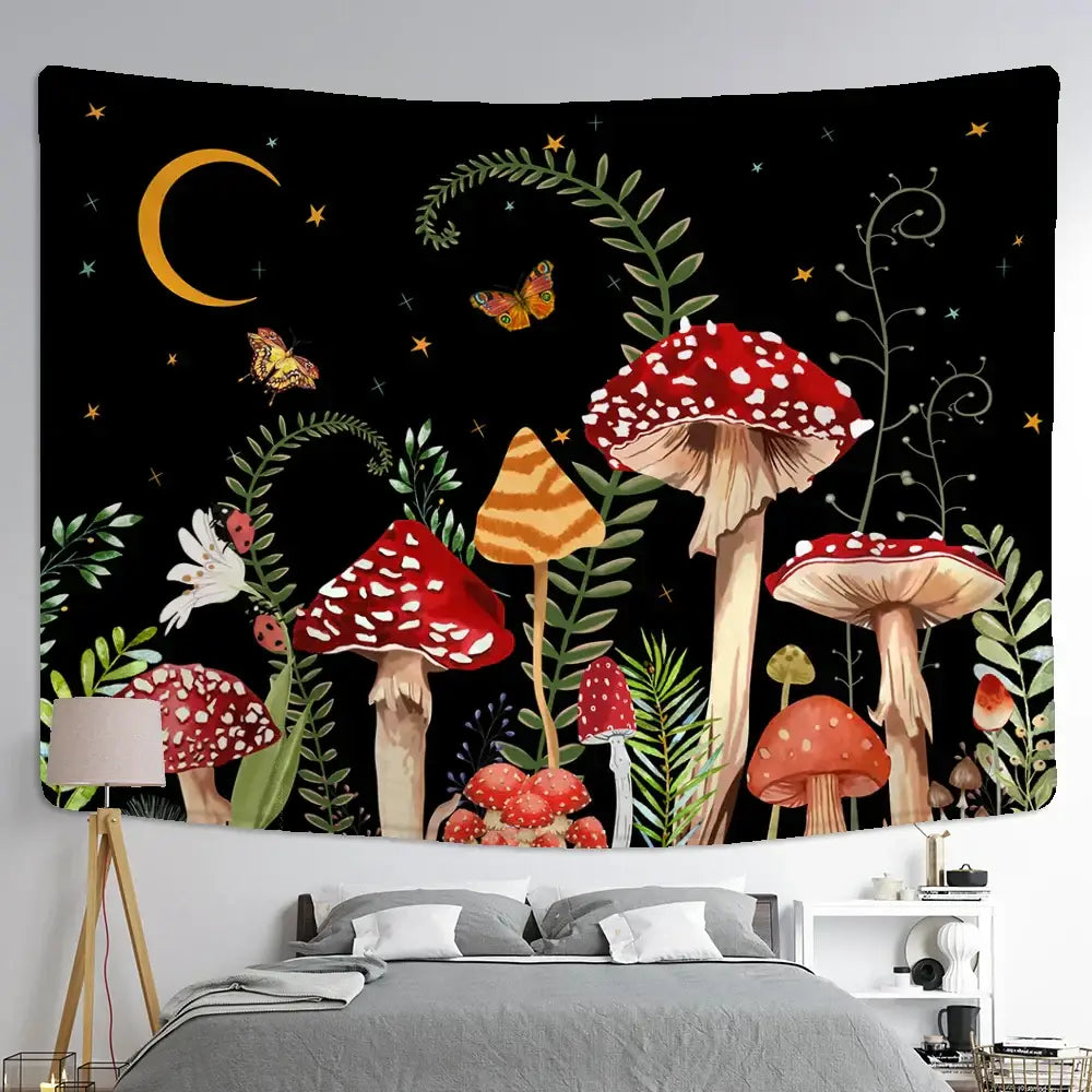 Psychedelic red & orange butterfly mushroom tapestry – bedroom decor