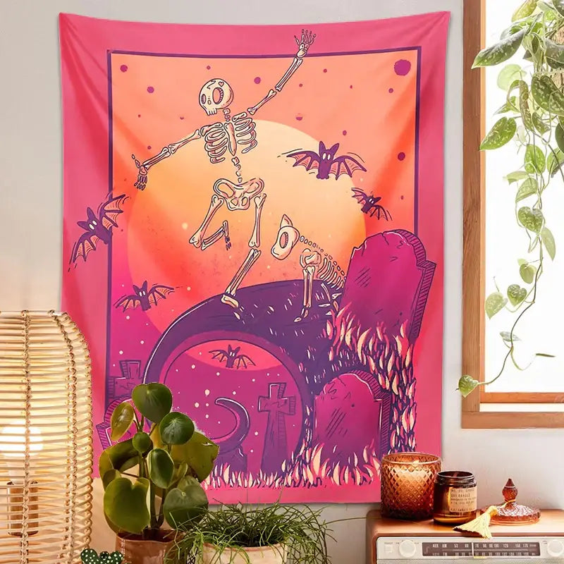 Psychedelic skeleton tapestry pink & orange wall hanging bedroom decor