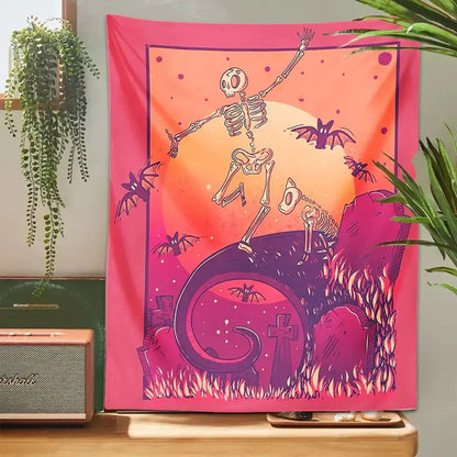 Psychedelic skeleton tapestry pink & orange wall hanging bedroom decor