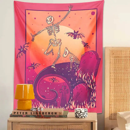 Psychedelic skeleton tapestry pink & orange wall hanging bedroom decor