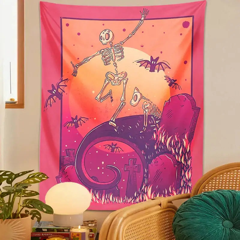 Psychedelic skeleton tapestry pink & orange wall hanging bedroom decor