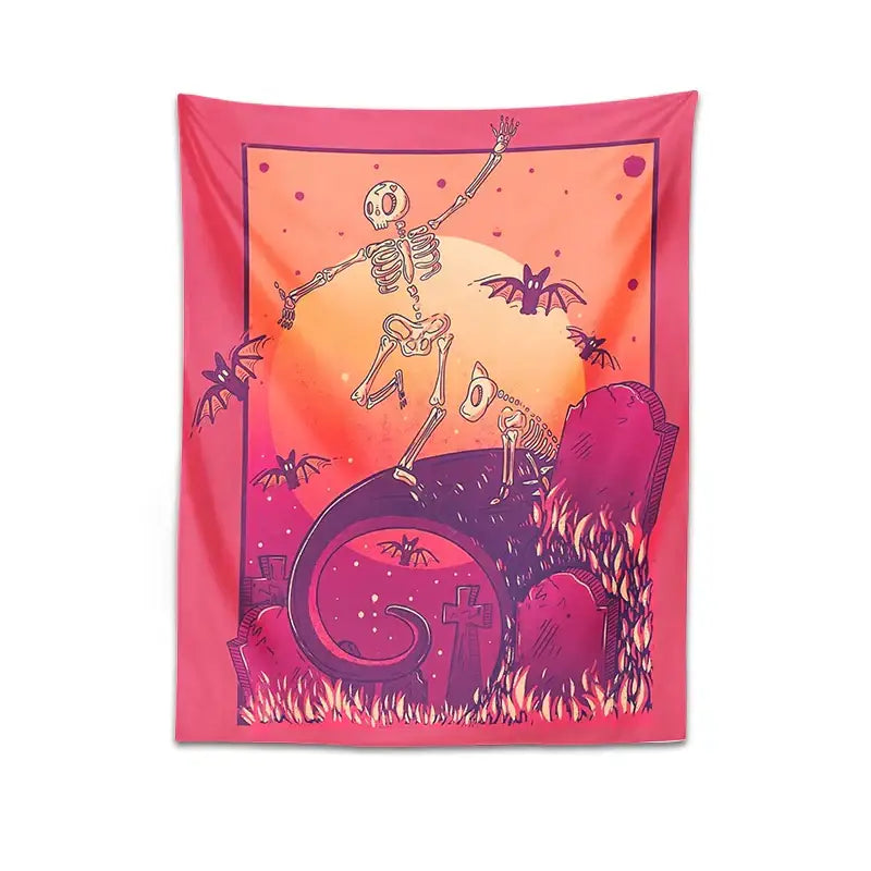 Psychedelic skeleton tapestry pink & orange wall hanging bedroom decor