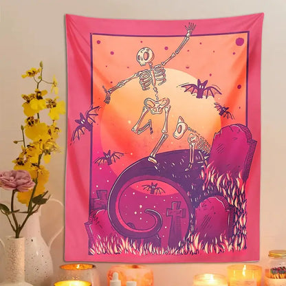 Psychedelic skeleton tapestry pink & orange wall hanging bedroom decor