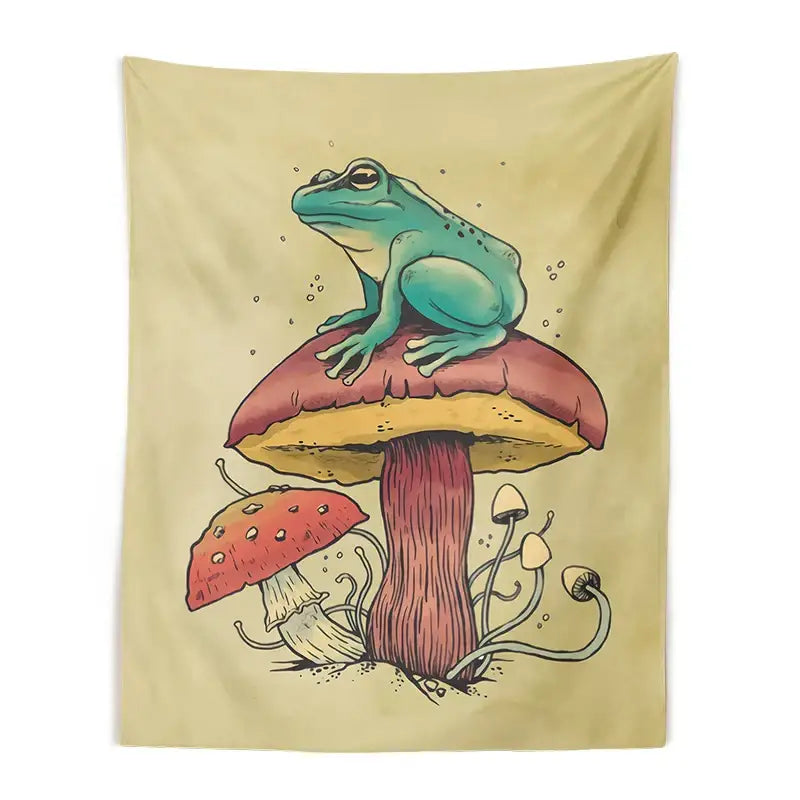 Psychedelic teal frog mushroom tapestry bedroom wall hanging