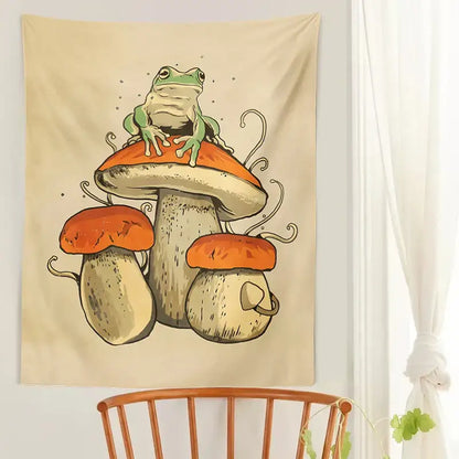 Psychedelic teal frog mushroom tapestry bedroom wall hanging