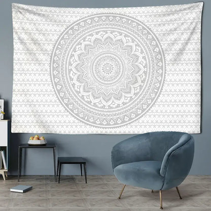 Psychedelic white & grey mandala tapestry bedroom wall art