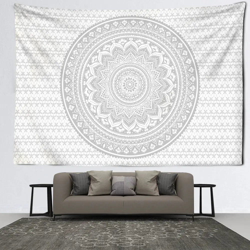 Psychedelic white & grey mandala tapestry bedroom wall art