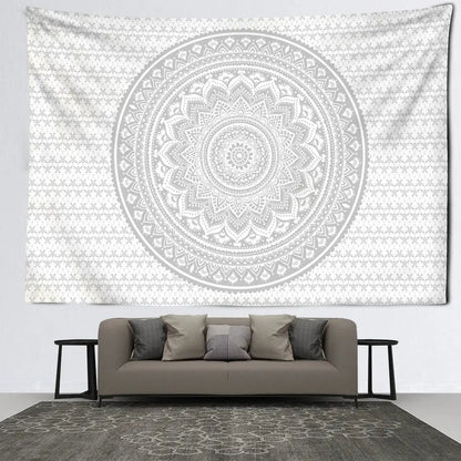 Psychedelic white & grey mandala tapestry bedroom wall art