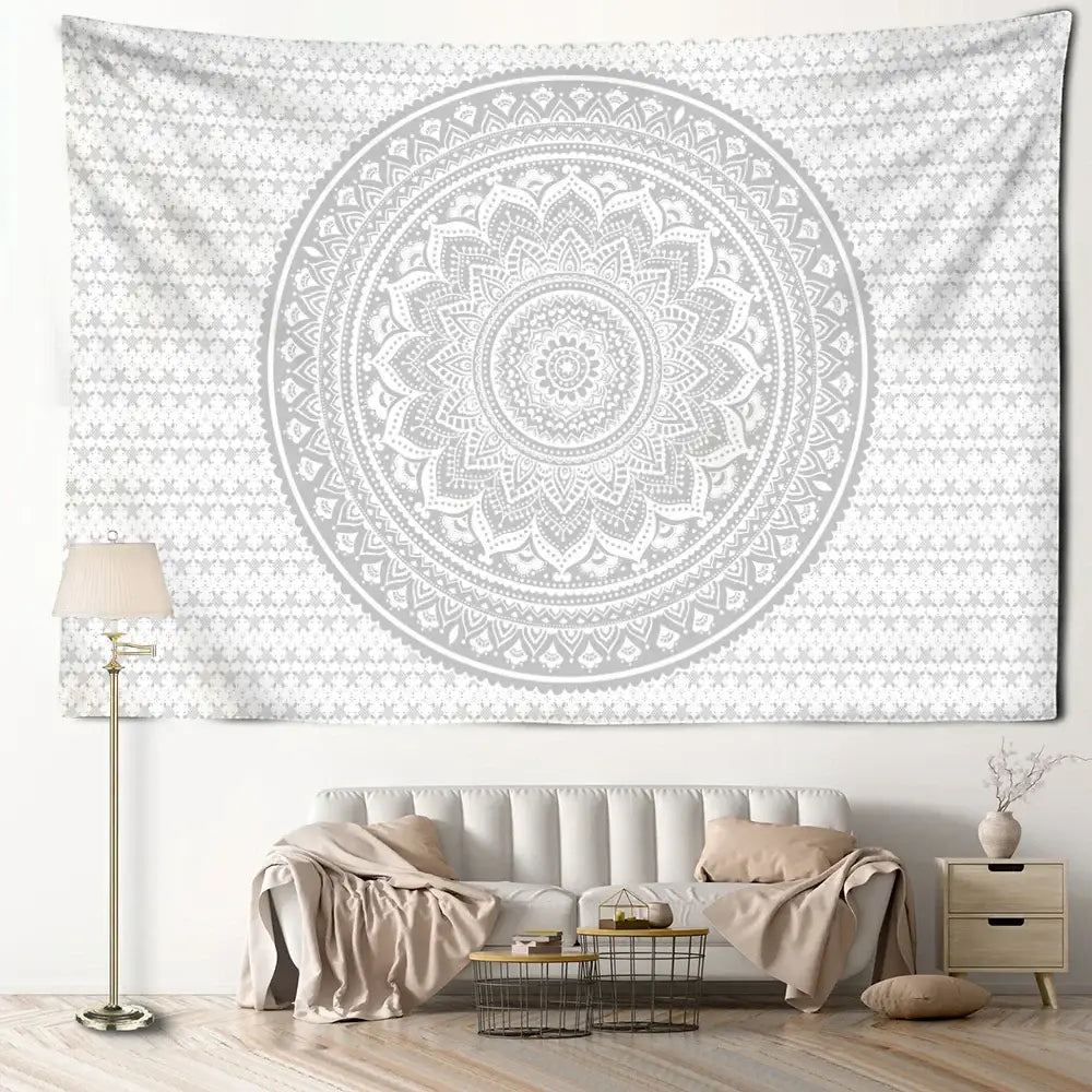 Psychedelic white & grey mandala tapestry bedroom wall art