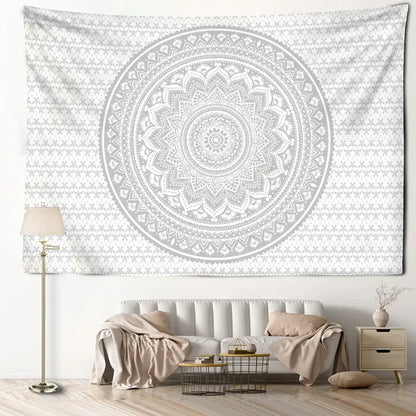 Psychedelic white & grey mandala tapestry bedroom wall art