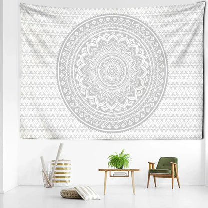 Psychedelic white & grey mandala tapestry bedroom wall art