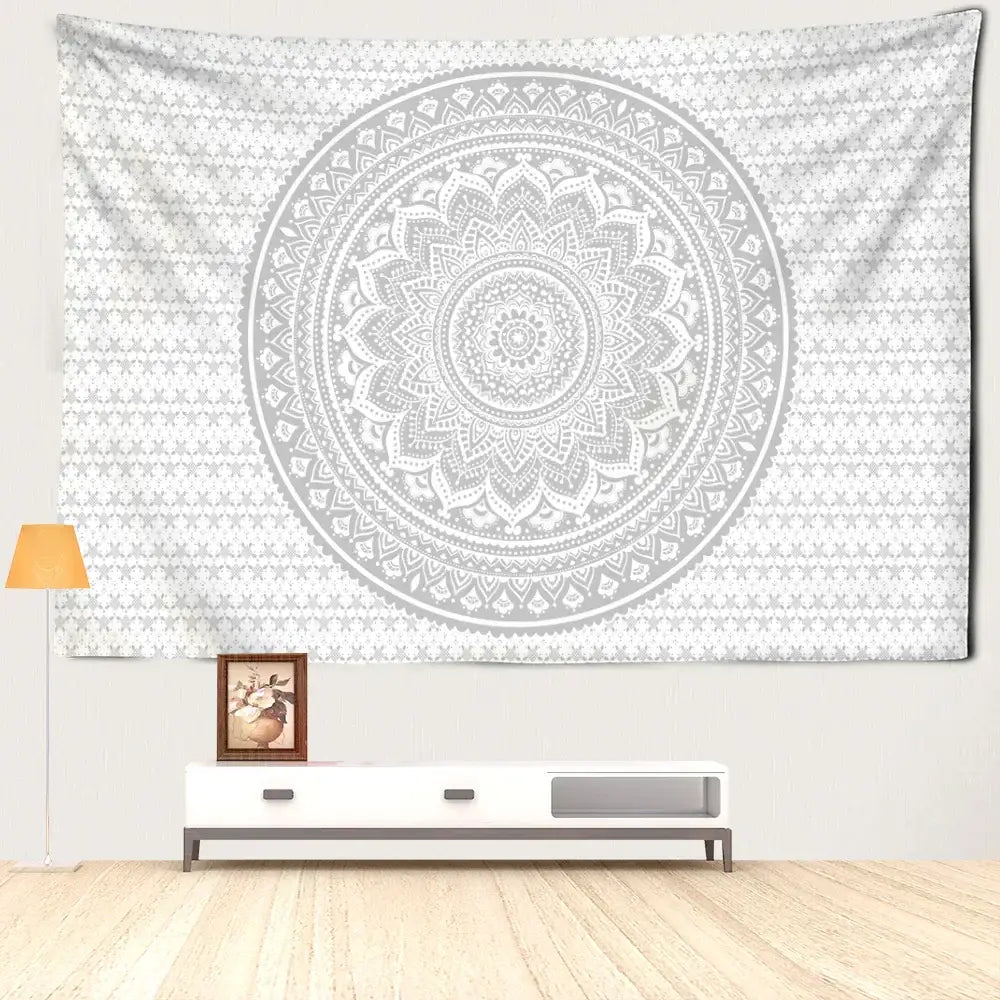 Psychedelic white & grey mandala tapestry bedroom wall art