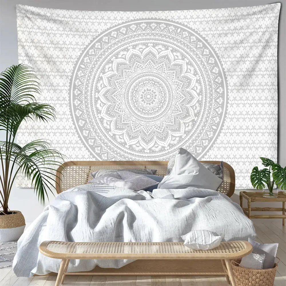 Psychedelic white & grey mandala tapestry bedroom wall art