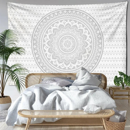 Psychedelic white & grey mandala tapestry bedroom wall art