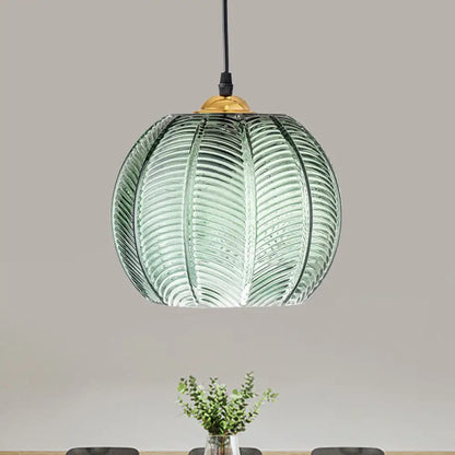DecorBites™ Pumpkin Dinette Pendant Lamp Green Ribbed Glass 1 Head Retro Style Hanging Light Kit