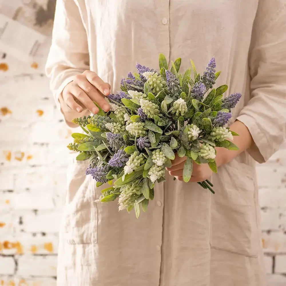 Purple and white lavender fake green plants bouquet wedding decor