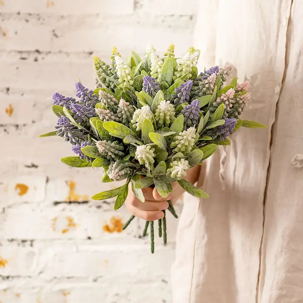 Purple and white lavender fake green plants bouquet wedding decor