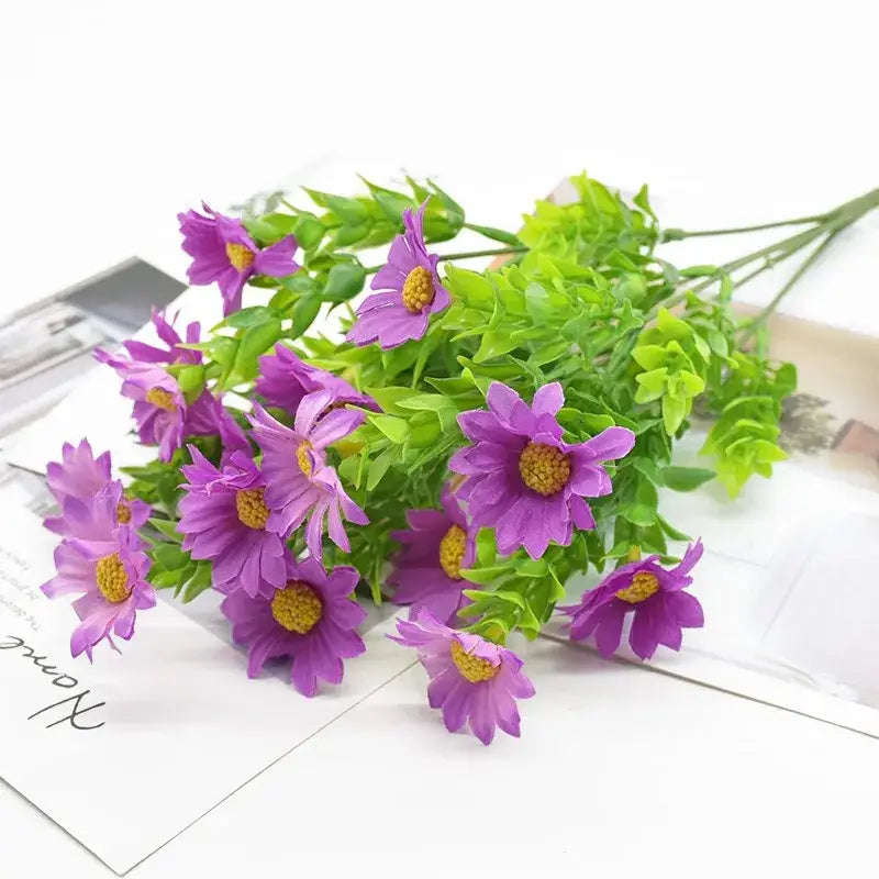 Purple and yellow daisy bouquet green plant synthetic flowers living room
