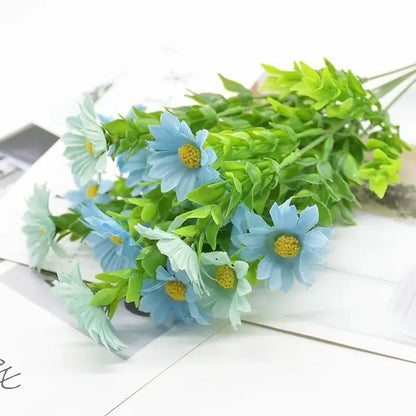 Purple and yellow daisy bouquet green plant synthetic flowers living room
