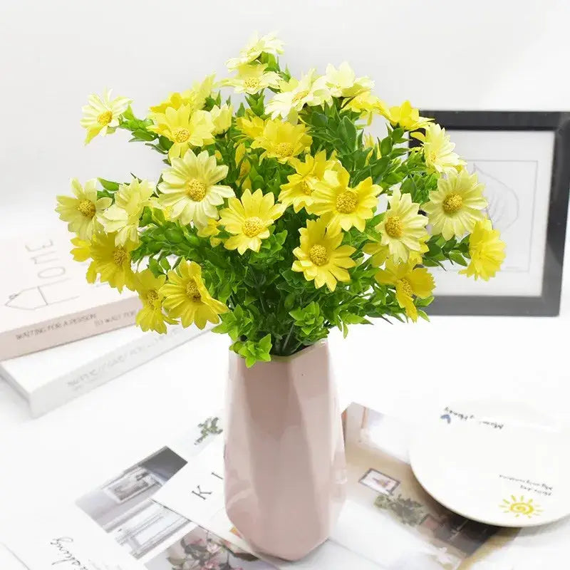 Purple and yellow daisy bouquet green plant synthetic flowers living room