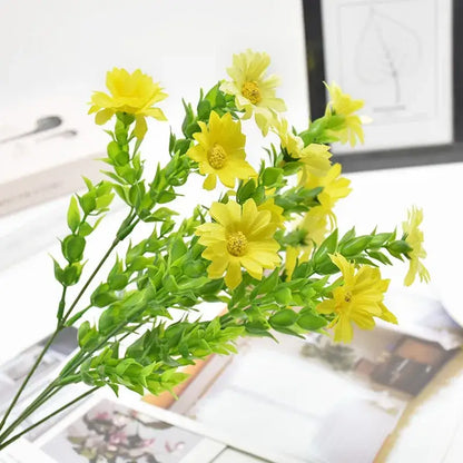 Purple and yellow daisy bouquet green plant synthetic flowers living room