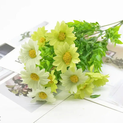 Purple and yellow daisy bouquet green plant synthetic flowers living room