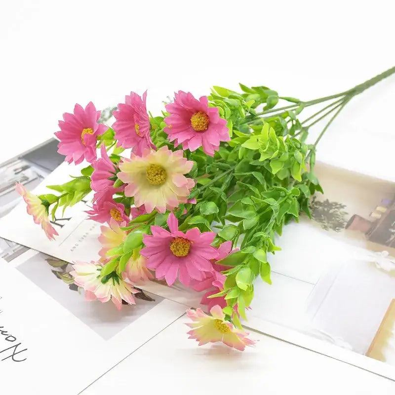 Purple and yellow daisy bouquet green plant synthetic flowers living room