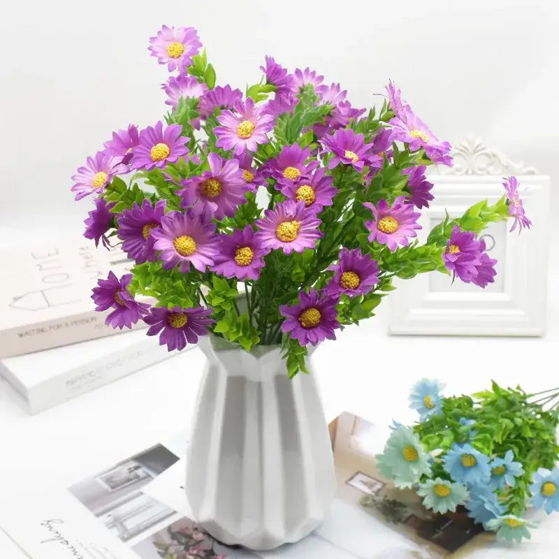 Purple and yellow daisy bouquet green plant synthetic flowers living room
