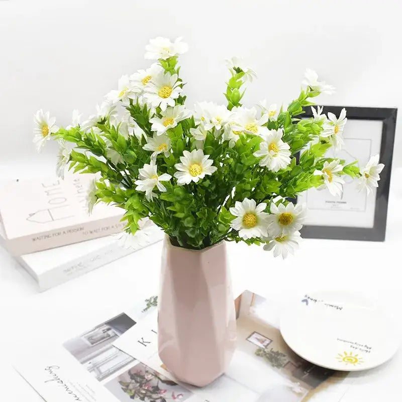 Purple and yellow daisy bouquet green plant synthetic flowers living room