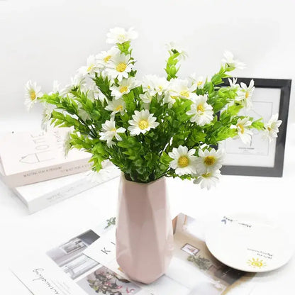 Purple and yellow daisy bouquet green plant synthetic flowers living room