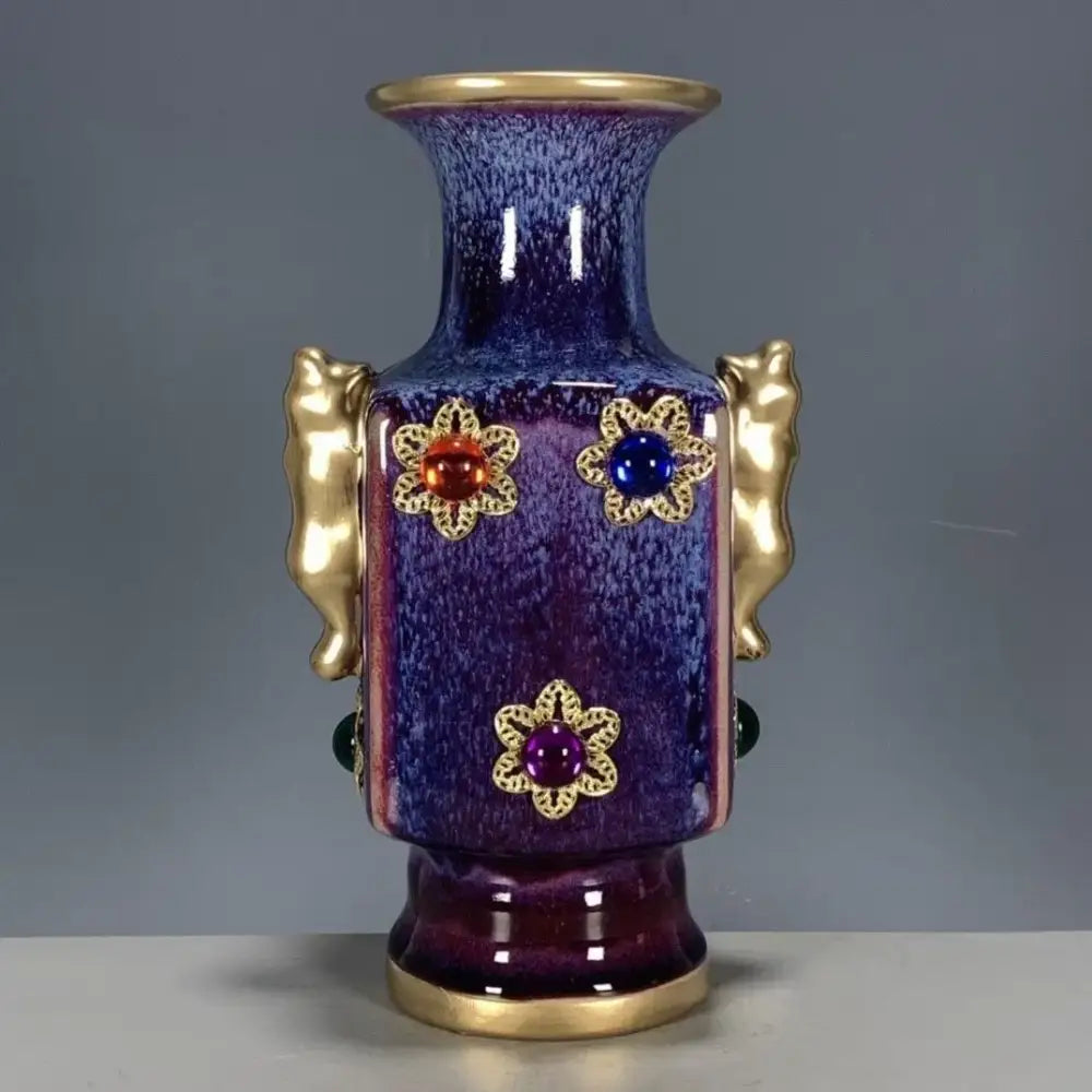 Purple & blue jun porcelain gilded gemstone vase living room decor