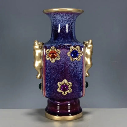 Purple & blue jun porcelain gilded gemstone vase living room decor