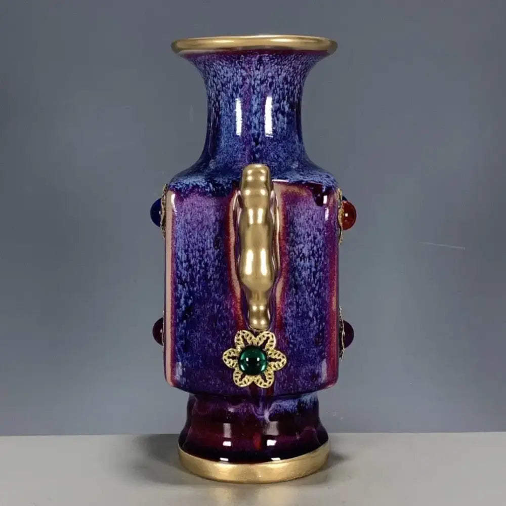 Purple & blue jun porcelain gilded gemstone vase living room decor