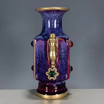Purple & blue jun porcelain gilded gemstone vase living room decor