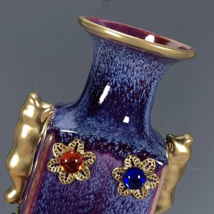Purple & blue jun porcelain gilded gemstone vase living room decor